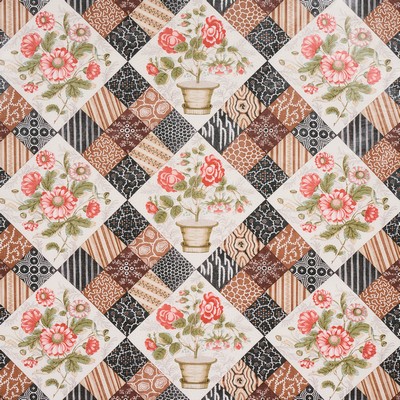 Schumacher Fabric Caldwell Patchwork Chintz Rose and Chocolate