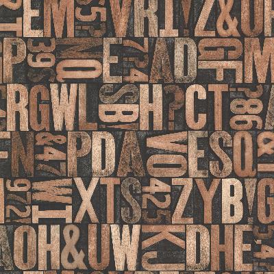 Brewster Wallcovering Letterpress Brown Typography Brown
