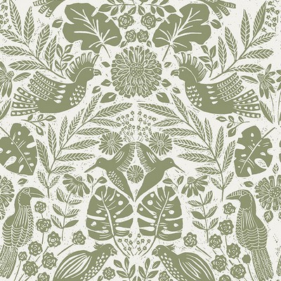 Brewster Wallcovering Nestle Green Bird Block Print Wallpaper Green