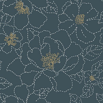 Brewster Wallcovering Gardena Indigo Embroidered Floral Wallpaper Indigo
