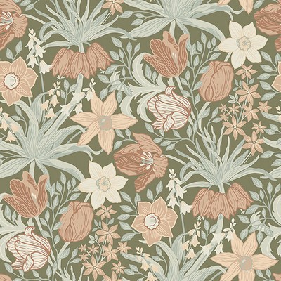 Brewster Wallcovering Cecilia Moss Tulip and Daffodil Wallpaper Moss