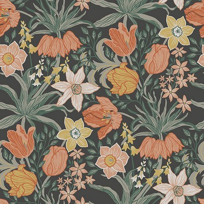 Brewster Wallcovering Cecilia Black Tulip and Daffodil Wallpaper Black