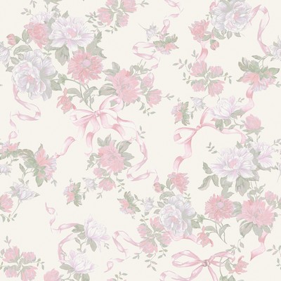 Brewster Wallcovering Cabbage Rose Bow Pretty in Pink Ribbons & Roses Wallpaper Pretty in Pink