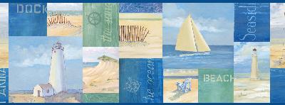 Brewster Wallcovering Nantucket Blue Coastal Breeze Collage Border Blue