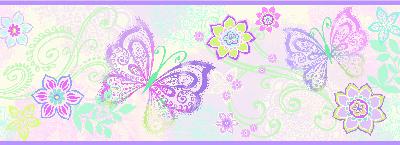 Brewster Wallcovering Fantasia Purple Boho Butterflies Scroll Border Pink