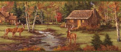 Brewster Wallcovering Lodge Green Stag Creek Portrait Border Brown