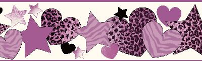 Brewster Wallcovering Diva Purple Cheetah Hearts Stars Border Purple