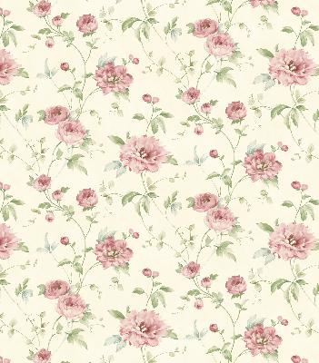 Brewster Wallcovering Priscilla Pink Peony Floral Trail Wallpaper White