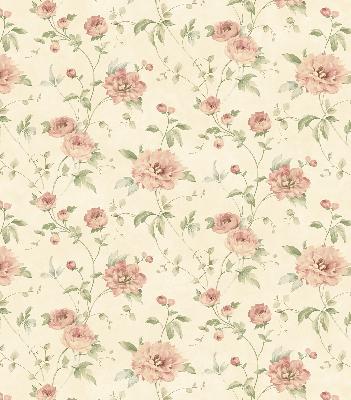 Brewster Wallcovering Priscilla Red Peony Floral Trail Wallpaper Beige