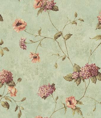 Brewster Wallcovering Henrietta Blue Hydrangea Floral Trail Wallpaper Green