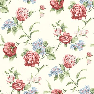 Brewster Wallcovering Gleason Red Floral Rose Trail Wallpaper Ivory