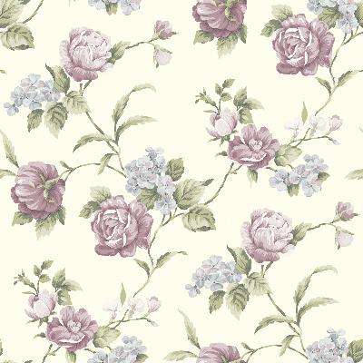 Brewster Wallcovering Gleason Purple Floral Rose Trail Wallpaper Off-White