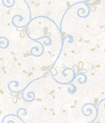 Brewster Wallcovering Jada Light Blue Girly Floral Scroll Wallpaper Off-White