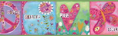 Brewster Wallcovering Lennon Green Imagine Peace Portrait Border Pink