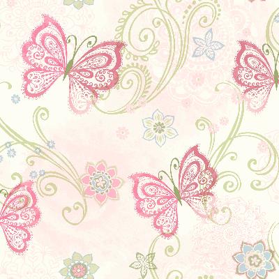 Brewster Wallcovering Fantasia Pink Boho Butterflies Scroll Wallpaper Pink