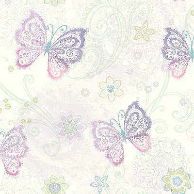 Brewster Wallcovering Fantasia Purple Boho Butterflies Scroll Wallpaper Purple