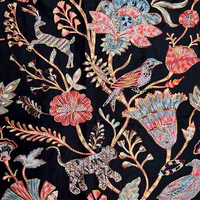 Catania Silks Emb19171 Black new2024 Emb-19171/1 Black Cotton  Blend Jungle Safari  Birds and Feather  Crewel and Embroidered  Floral Embroidery Jacobean Floral  Fabric