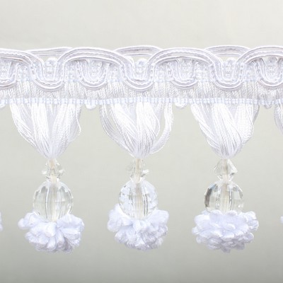 Europatex Trimmings Clover Pure White Ball Fringe in BOUQUET COLLECTION White NA White TrimsBall TasselsBeaded Trim