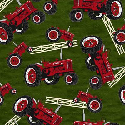 foust textiles,quilting fabric,craft fabric,sewing fabric,novelty fabric,fun fabric,kids fabric,childrens fabric,discount fabric Farmall Tractors Allover Green