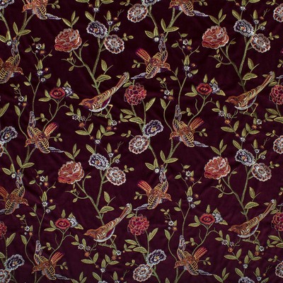Mitchell Fabrics Birdland Red in Book 2007 Luxe Velvet Red Multipurpose Polyester30%  Blend Birds and Feather  Crewel and Embroidered  Floral Embroidery Medium Print Floral  Contemporary Velvet   Fabric
