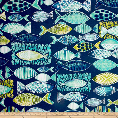 Hooked Lagoon in Outdoor Designer Fabric Blue Polyester Fire Rated Fabric Marine Life  Fun Print Outdoor  Fabric