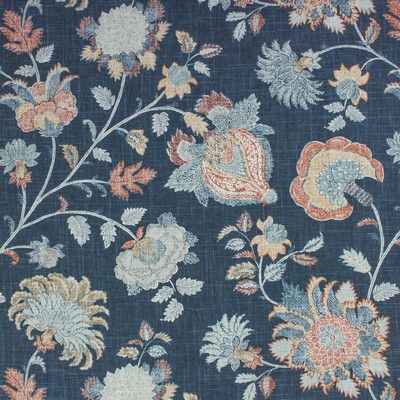 Richloom Bronte Indigo in charleston 2022 Blue Linen  Blend Jacobean Floral  Floral Linen   Fabric