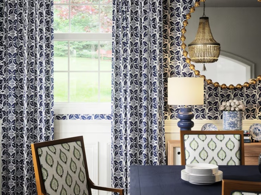 Art of Color Heritage styled room with matching drapes, wallpaper and coordinated prints