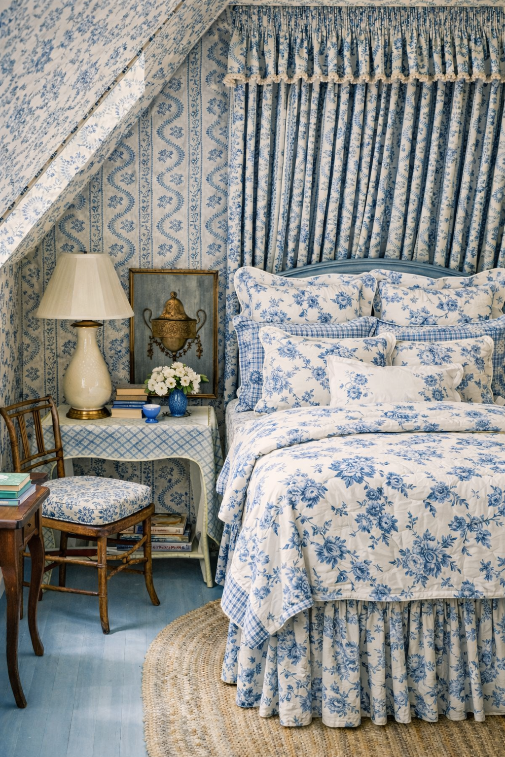 Patterned drenched curtains with pillows on a couch.