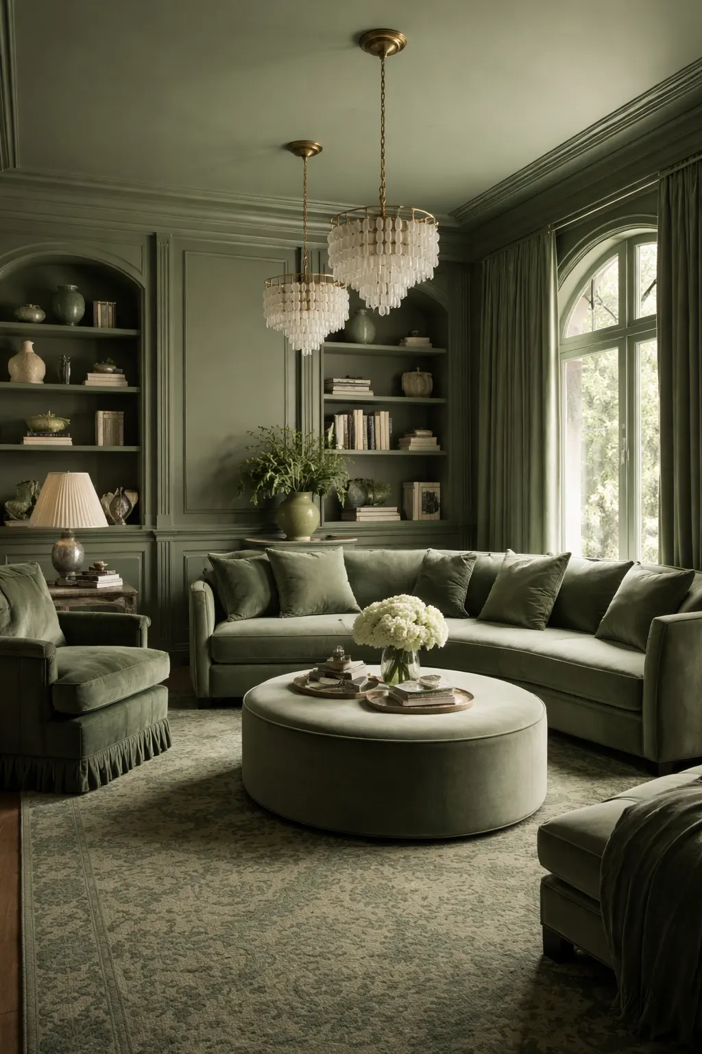 Green color drenched living room example.