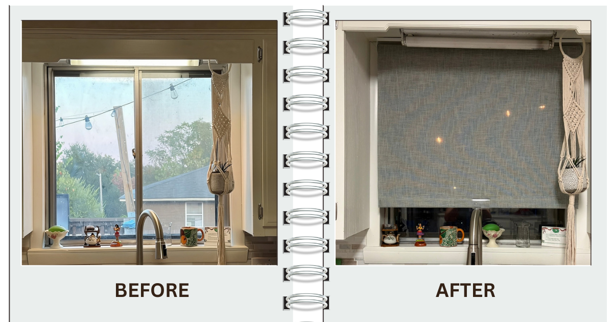Kitchen window before and after installing a cordless Phifer SheerWeave 7850 linen look roller shade