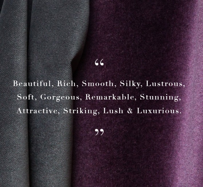 Latimer Alexander Velvet is Beautiful, Rich, Smooth, Silky, Lustrous, Soft, Gorgeous, Remarkable, Stunning, Attractive, Striking, Lush and Luxurious 