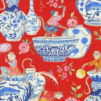 P K Lifestyles Monkey Jars Fiesta in FRESH CANVAS Red  Blend Monkey  Oriental   Fabric