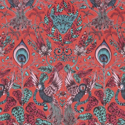 Clarke and Clarke AMAZON F1107/05 CAC RED in ANIMALIA BY EMMA J SHIPLEY FOR C&C Red Multipurpose -  Blend Jungle Safari  Birds and Feather   Fabric
