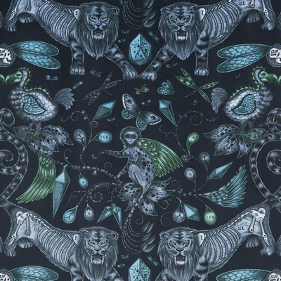 Clarke and Clarke EXTINCT VELVET F1208/01 CAC NAVY in ANIMALIA BY EMMA J SHIPLEY FOR C&C Blue Multipurpose -  Blend Jungle Safari  Printed Velvet   Fabric