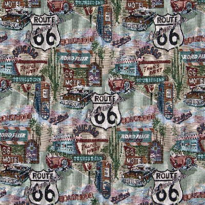 Charlotte Fabrics 1011 Route 66 Red Tapestry cotton  Blend Fire Rated Fabric Heavy Duty CA 117 Fire Retardant Print and Textured Automobile Picturesque Tapestry 