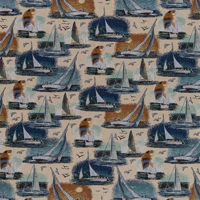 Charlotte Fabrics D2685 Sail Away Blue Upholstery Cotton  Blend Fire Rated Fabric High Wear Commercial Upholstery CA 117 NFPA 260 Boats and Sailing Miscellaneous Novelty Beach Picturesque Tapestry 