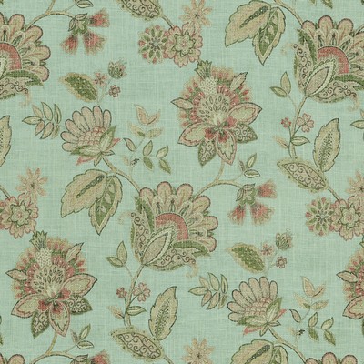 Amelie 220 Seagrass Green LINEN  Blend Fire Rated Fabric Jacobean Floral   Fabric