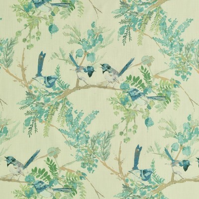 EMILIA 524 MEDITTERANEAN BLUE Blue COTTON  Blend Fire Rated Fabric Birds and Feather  Large Print Floral   Fabric
