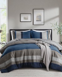 Boulder Stripe Blue Pieced Faux Suede Comforter Set King by   