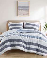 Blake Navy/Blue Stripe Textured Print Comforter Set Queen by   