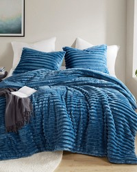 Avril Blue Fluffy Ribbed Plush Comforter Set King by   
