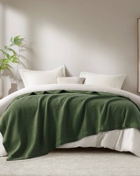 Waffle Weave Olive Green Cotton Blanket by   