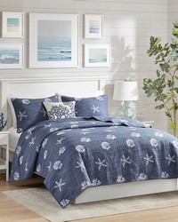 Seaside Navy 4 Piece Cotton Reversible Embroidered Quilt Set with Throw Pillow Queen by   