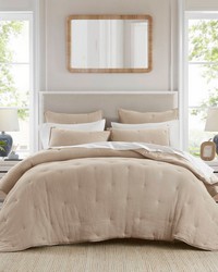 Breeze Taupe Cotton Gauze  Embroidered Quilt Set Queen by   