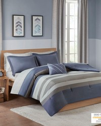 Marsden Blue/Grey Striped Comforter Set with Bed Sheets Full by   