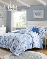 Christa Blue Floral Striped Comforter Set Queen by   