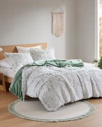 Malea Green/White Shaggy Faux Fur Comforter Mini Set Queen by   
