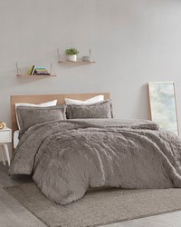 Malea Grey Shaggy Fur Duvet Cover Set Twin by   