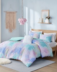 Cassiopeia Aqua Watercolor Tie Dye Printed Duvet Cover Set with Throw Pillow Queen by   
