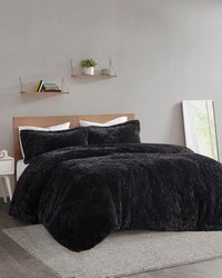 Malea Black Shaggy Fur Duvet Cover Set Twin by   